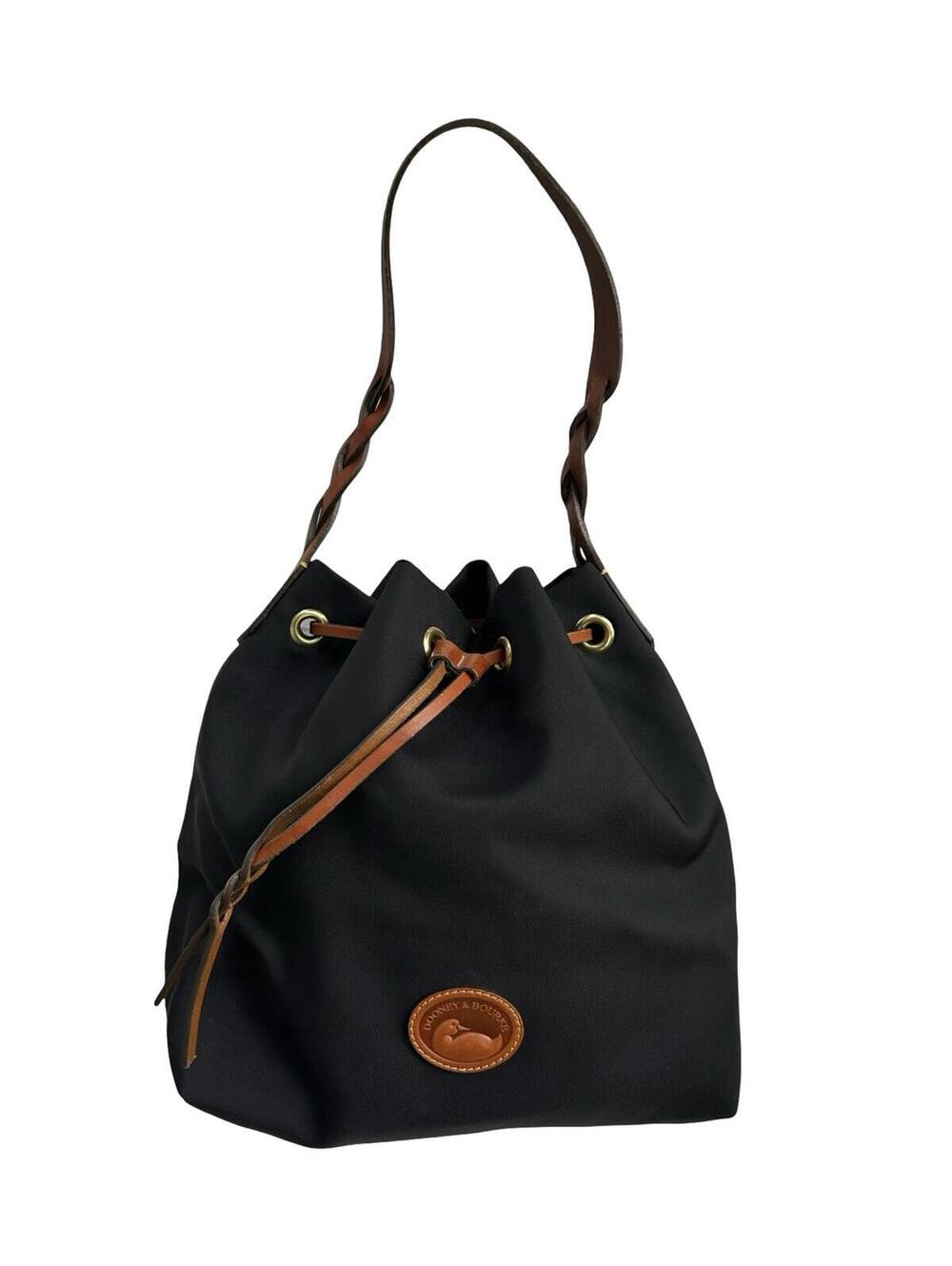 Vintage Dooney & Bourke Black Nylon Drawstring Bucket Bag Leather Strap